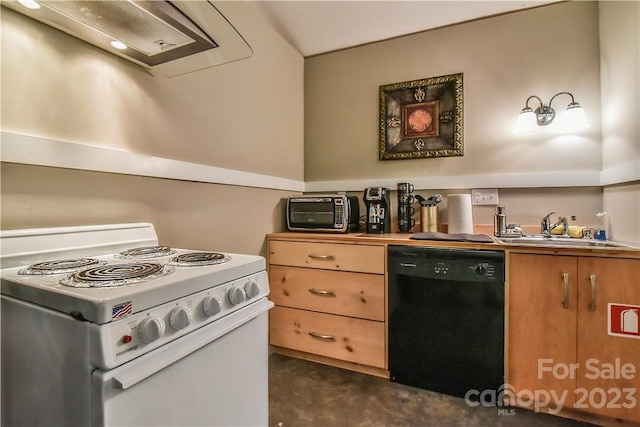 kitchen featuring white range oven, black dishwasher, and sink