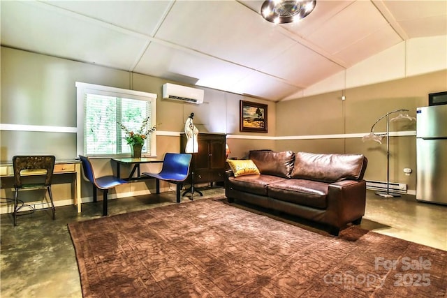 543 College St, Asheville, NC 28801 - living room featuring a wall mounted AC, baseboard heating, concrete floors, vaulted ceiling, and baseboards