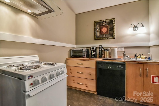 543 College St, Asheville, NC 28801 - kitchen featuring dishwasher, white electric range oven, a sink, concrete floors, and exhaust hood
