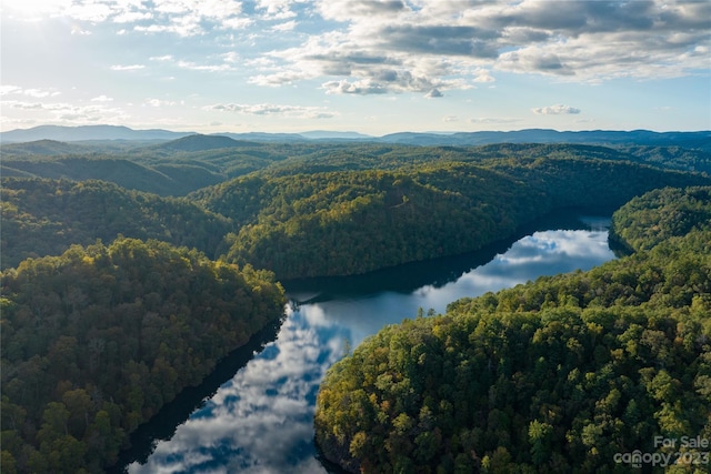 birds eye view of property featuring a water and mountain view