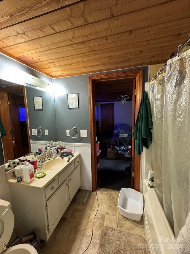 bathroom with toilet, wooden ceiling, and vanity