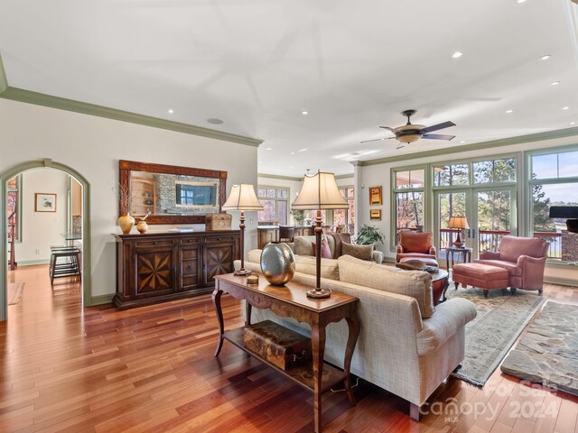 29 Elkton Dr, Pinehurst, NC 28374 - living room with wood-type flooring, ceiling fan, and ornamental molding
