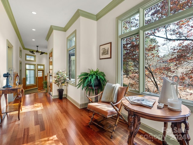 29 Elkton Dr, Pinehurst, NC 28374 - living area with ceiling fan, crown molding, and hardwood / wood-style flooring