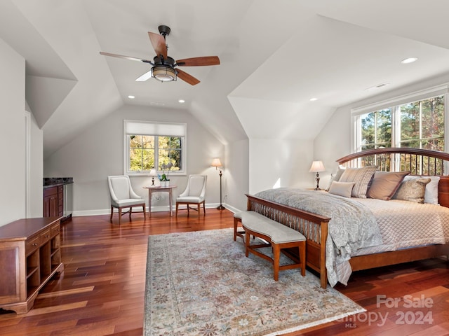 29 Elkton Dr, Pinehurst, NC 28374 - bedroom with lofted ceiling, multiple windows, ceiling fan, and dark hardwood / wood-style floors