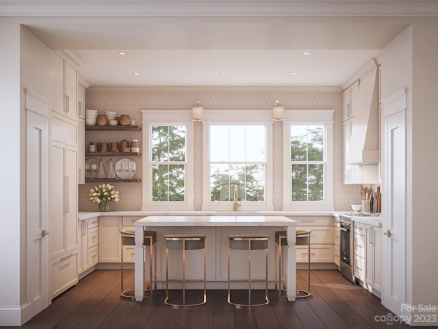 kitchen with dark hardwood / wood-style floors, stainless steel range, white cabinets, and a breakfast bar area