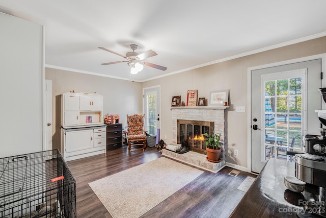 living room with dark hardwood / wood-style flooring, ceiling fan, a fireplace, and a healthy amount of sunlight