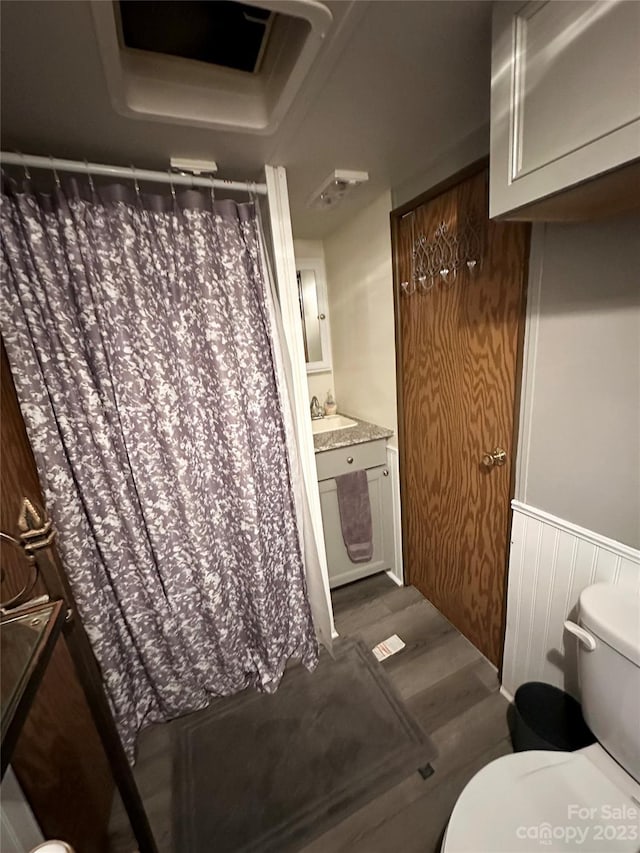 bathroom featuring vanity with extensive cabinet space, toilet, and wood-type flooring