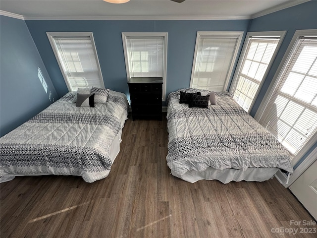 bedroom featuring dark hardwood / wood-style flooring and ornamental molding