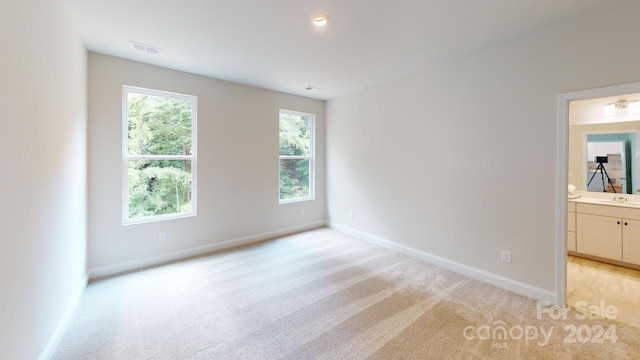 unfurnished room with light carpet and sink