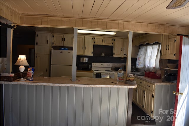 kitchen featuring wooden ceiling, white appliances, and kitchen peninsula