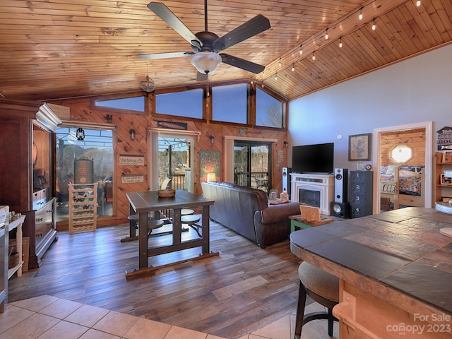 living room with hardwood / wood-style floors, wooden walls, rail lighting, ceiling fan, and wooden ceiling