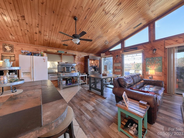 living room featuring high vaulted ceiling, wooden ceiling, hardwood / wood-style floors, and wooden walls