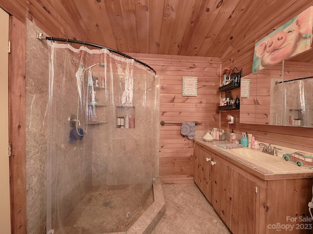 bathroom featuring wooden ceiling, a shower with curtain, wood walls, and vanity