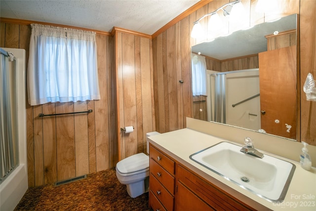 3616 County Home Rd, Conover, NC 28613 - bathroom with visible vents, wooden walls, an enclosed shower, and toilet