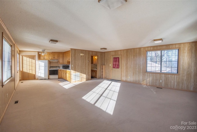 unfurnished living room with light carpet, a wealth of natural light, and wooden walls