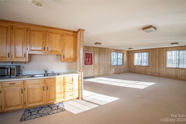 3616 County Home Rd, Conover, NC 28613 - kitchen featuring stainless steel microwave, wooden walls, light countertops, and a sink