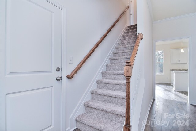 staircase with wood-type flooring and crown molding