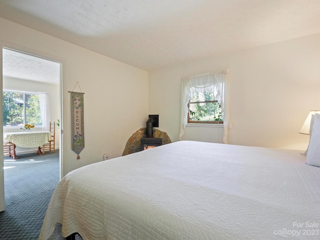 carpeted bedroom with a wood stove, multiple windows, and a textured ceiling