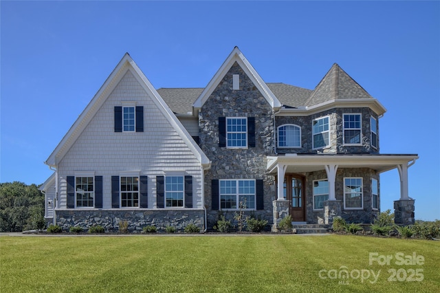 843 Lake Forest Drive Devonshire, Belmont, NC 28012 - craftsman-style home with stone siding, a front lawn, and a porch