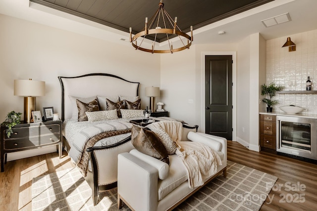 843 Lake Forest Drive Devonshire, Belmont, NC 28012 - bedroom featuring wine cooler, a chandelier, wood finished floors, and wood ceiling