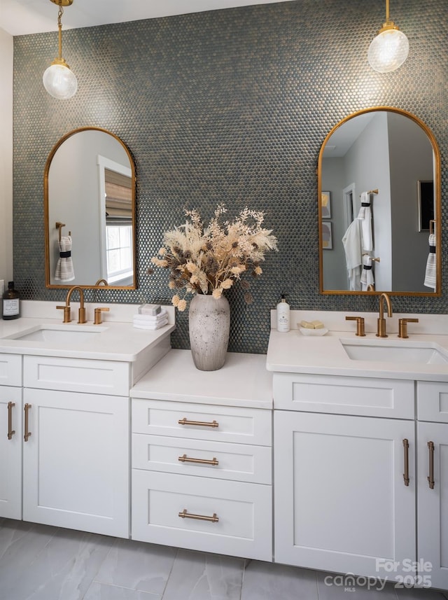 843 Lake Forest Drive Devonshire, Belmont, NC 28012 - bathroom with marble look tile flooring and two vanities