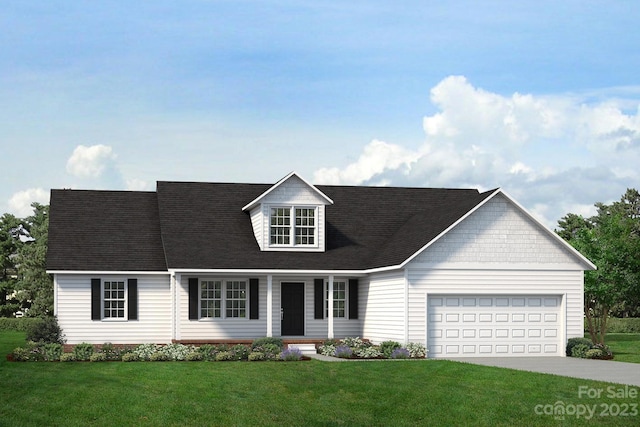 cape cod house featuring a front yard and a garage