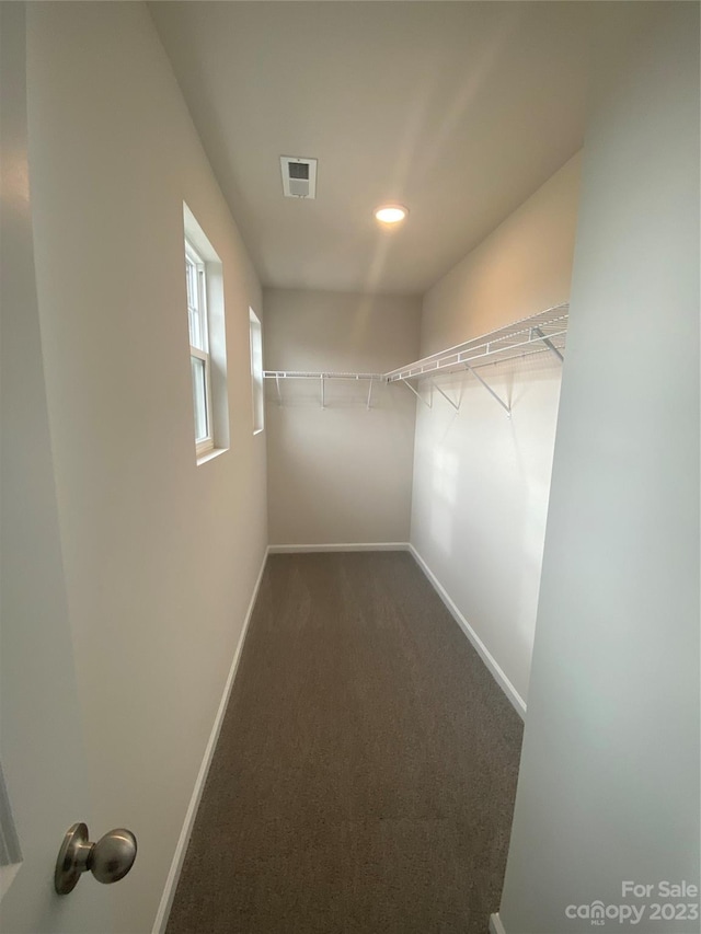 walk in closet with dark carpet