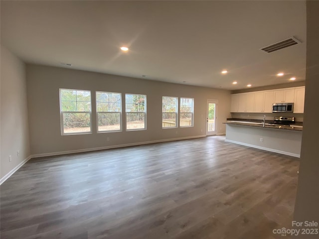 unfurnished living room with sink and hardwood / wood-style floors