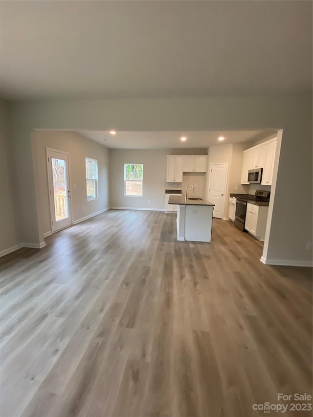 unfurnished living room with light hardwood / wood-style flooring and sink