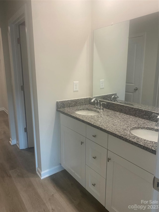 bathroom with hardwood / wood-style floors and dual bowl vanity