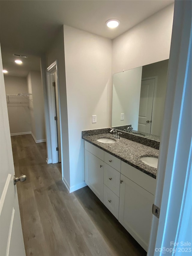 bathroom featuring dual bowl vanity and hardwood / wood-style floors