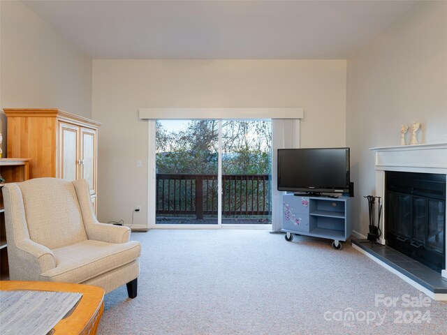 living area with a fireplace and carpet floors