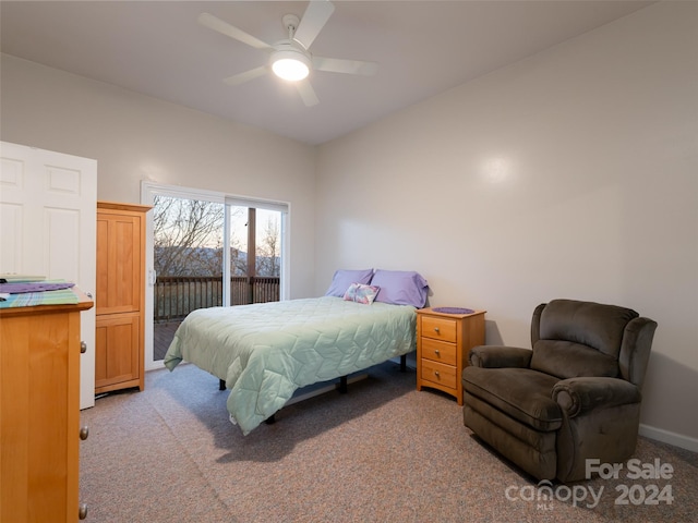 bedroom featuring access to exterior, carpet, and ceiling fan