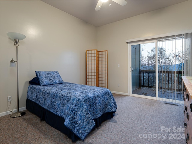 carpeted bedroom with access to exterior and ceiling fan