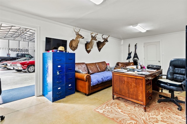 home office with crown molding