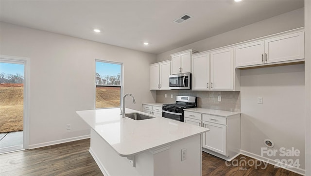 kitchen with sink, a kitchen island with sink, stainless steel appliances, and dark wood-type flooring