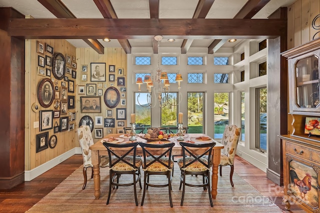 dining space featuring wood walls, beamed ceiling, and dark hardwood / wood-style flooring