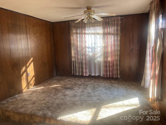 empty room featuring wooden walls, a textured ceiling, and carpet