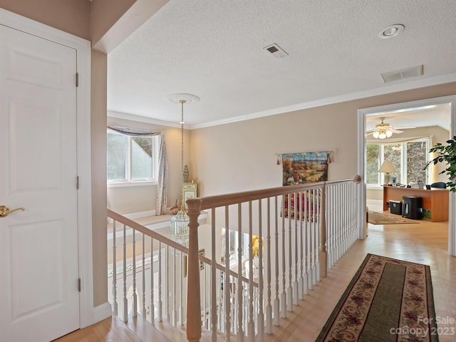 hall with light wood-type flooring, crown molding, a textured ceiling, and a healthy amount of sunlight