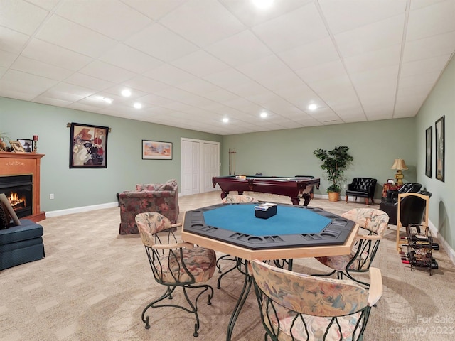 recreation room with billiards and light carpet