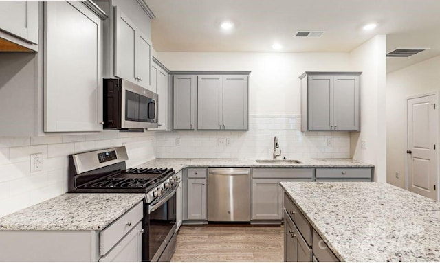 kitchen with backsplash, sink, stainless steel appliances, and light hardwood / wood-style flooring