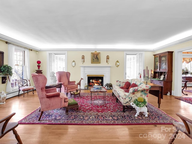 living room featuring a baseboard heating unit, light hardwood / wood-style flooring, and ornamental molding