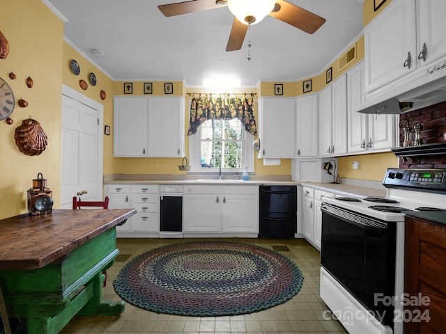 kitchen with white range with electric stovetop, ornamental molding, white cabinetry, sink, and ceiling fan