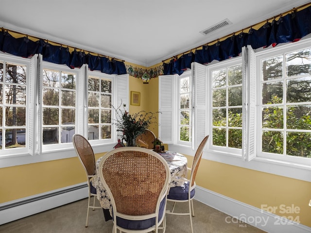 carpeted dining room featuring baseboard heating