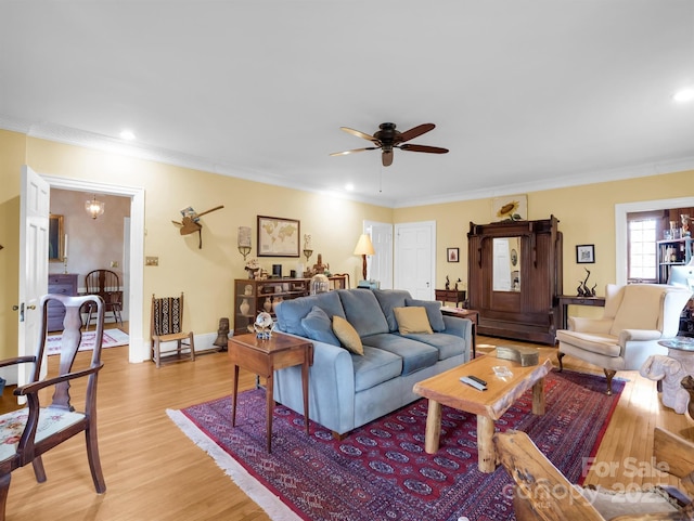 429 S Ridgecrest Ave, Rutherfordton, NC 28139 - living room with recessed lighting, a ceiling fan, crown molding, and light wood-style flooring