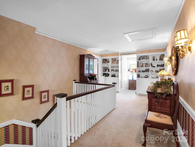 429 S Ridgecrest Ave, Rutherfordton, NC 28139 - hallway with attic access, carpet flooring, an upstairs landing, wallpapered walls, and crown molding