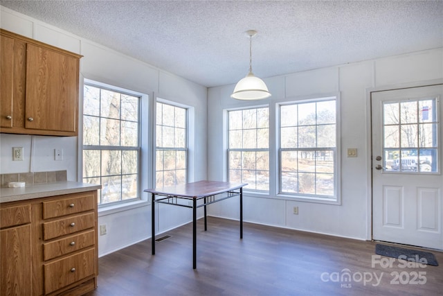 interior space with dark hardwood / wood-style floors and a textured ceiling