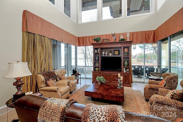 living room featuring a towering ceiling