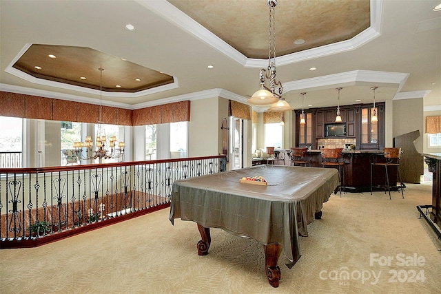 playroom featuring a tray ceiling, light carpet, and pool table