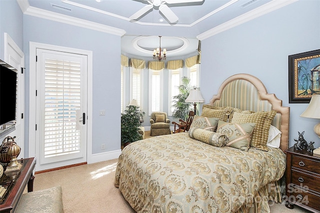 carpeted bedroom with crown molding, ceiling fan with notable chandelier, a tray ceiling, and multiple windows